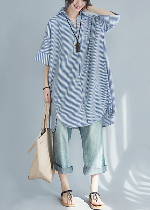 Blue Striped Cotton Shirt Dress Oversized Side Open Summer