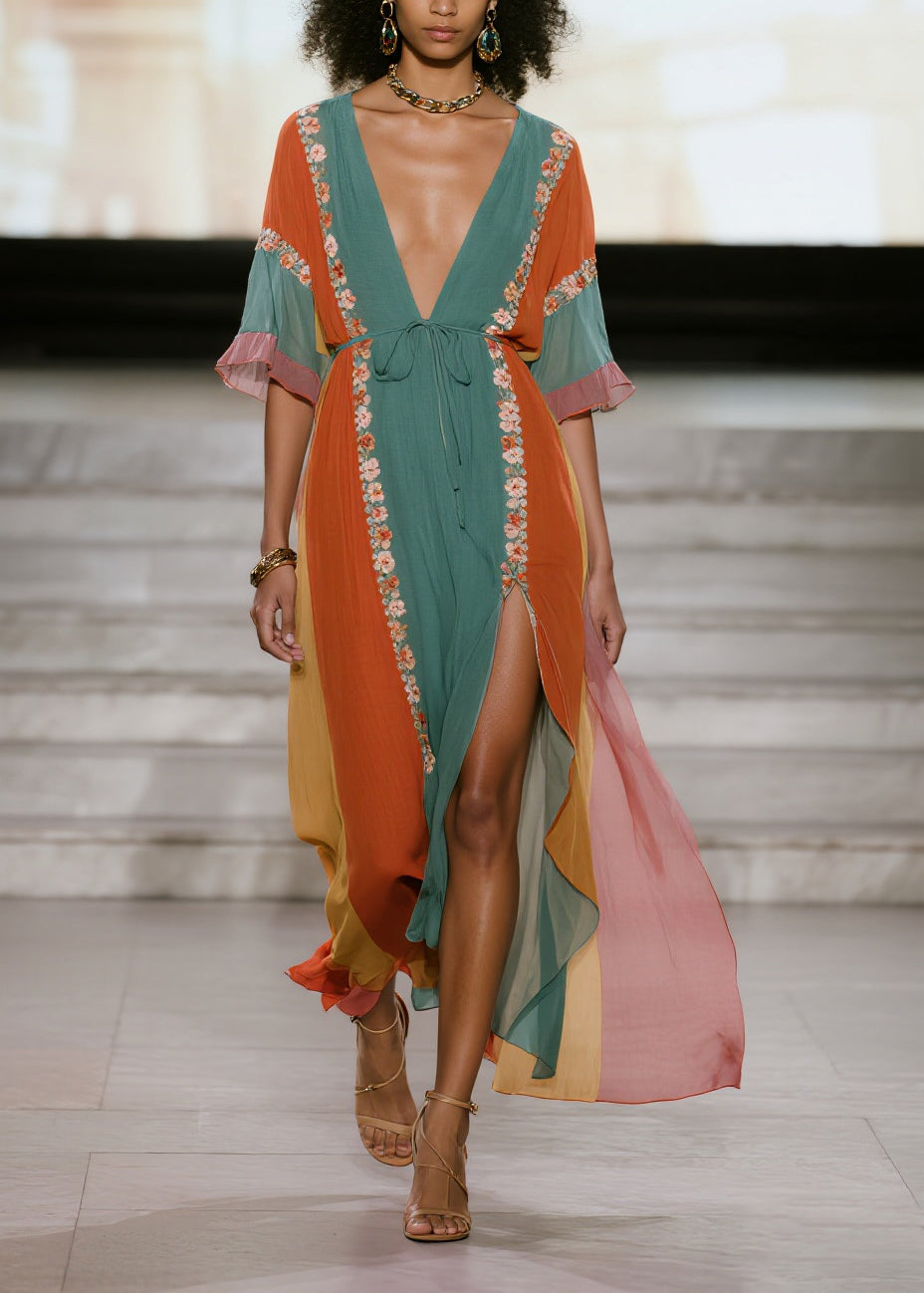 Blue Striped Draping Chiffon Beach Dress Tie Waist Side Open Summer