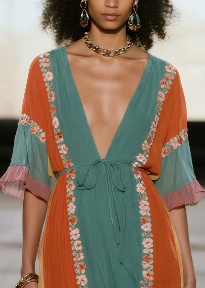 Blue Striped Draping Chiffon Beach Dress Tie Waist Side Open Summer