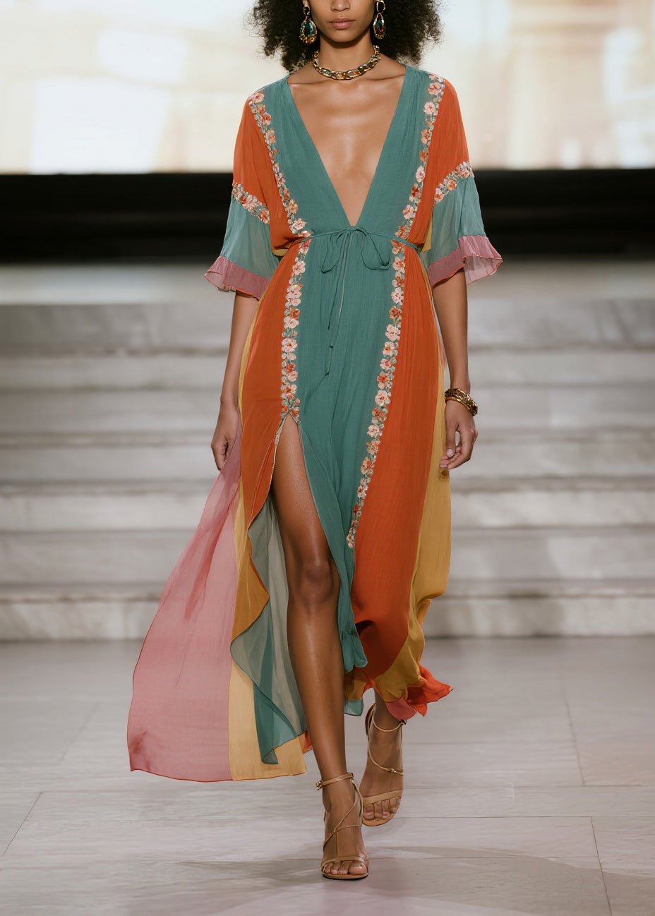 Blue Striped Draping Chiffon Beach Dress Tie Waist Side Open Summer