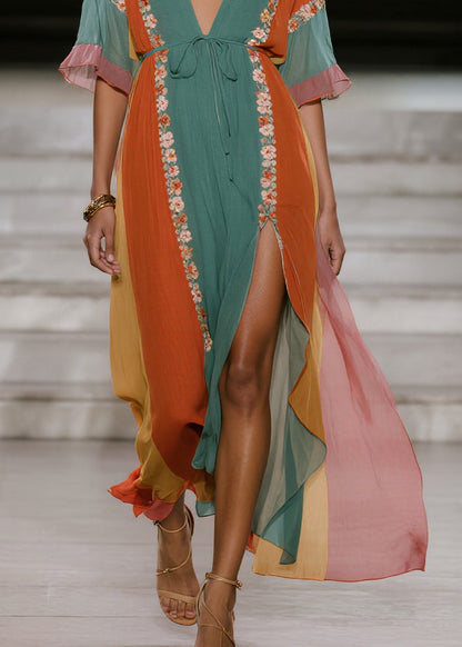 Blue Striped Draping Chiffon Beach Dress Tie Waist Side Open Summer