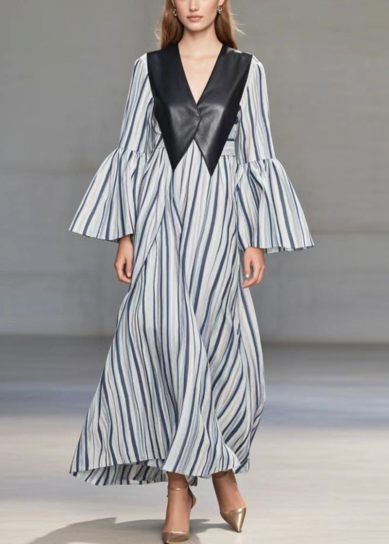 Blue Striped Patchwork Faux Leather Cotton Long Dress Flare Sleeve