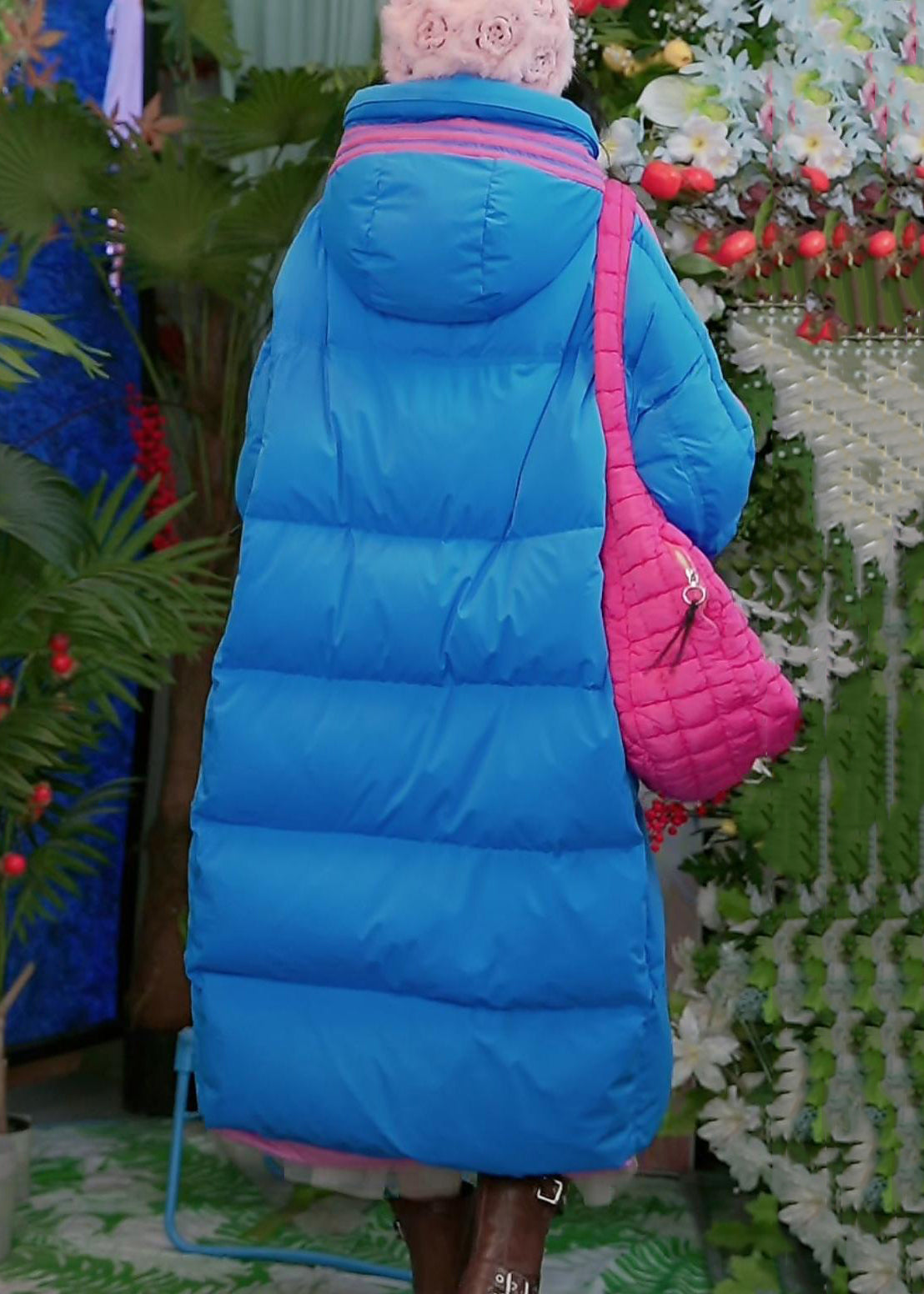 Blue Striped Pockets Duck Down Winter Puffer Long Coat Hooded