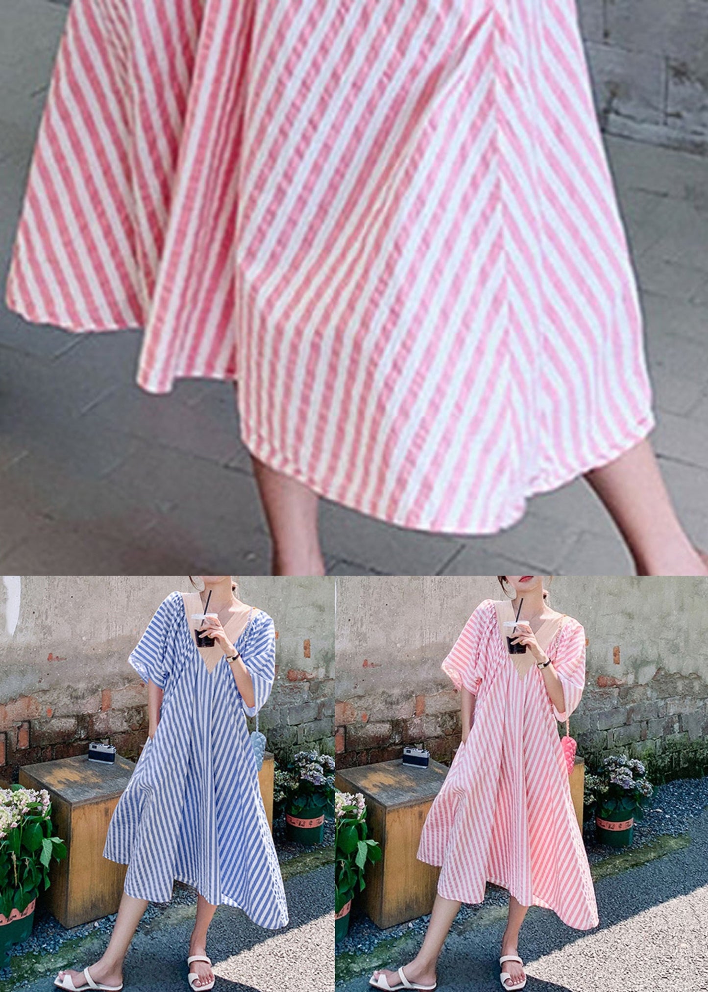 Blue Striped Pockets Patchwork Cotton Long Dress V Neck Summer