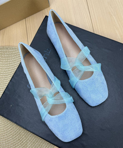 Blue Suede Ribbon Splicing French Flat Feet Shoes