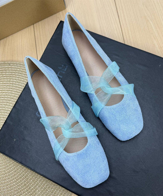 Blue Suede Ribbon Splicing French Flat Feet Shoes