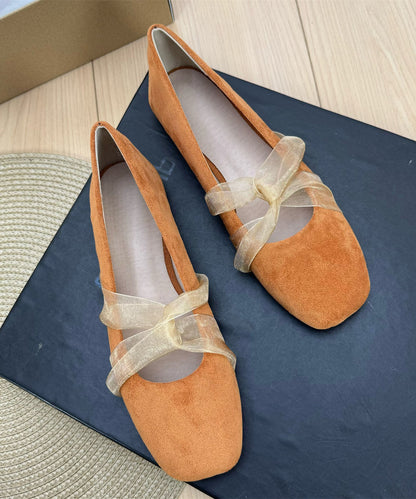 Blue Suede Ribbon Splicing French Flat Feet Shoes