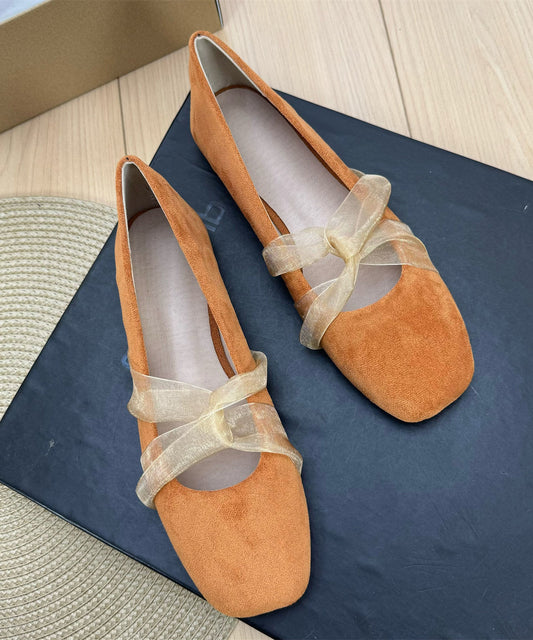 Blue Suede Ribbon Splicing French Flat Feet Shoes