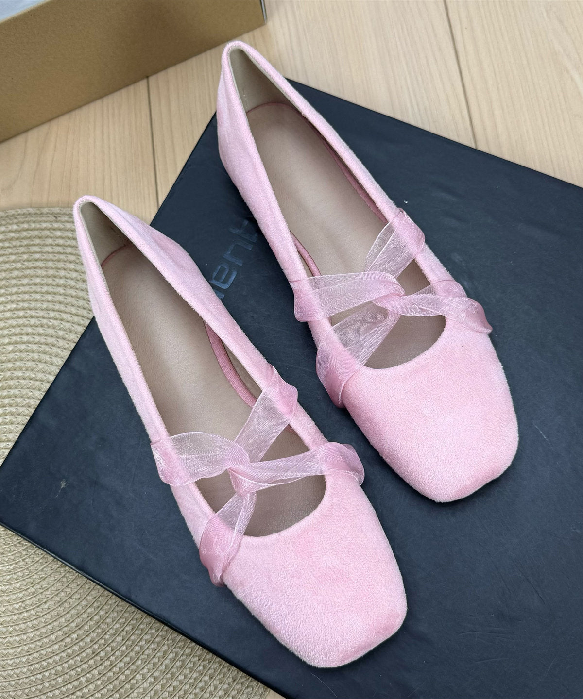Blue Suede Ribbon Splicing French Flat Feet Shoes