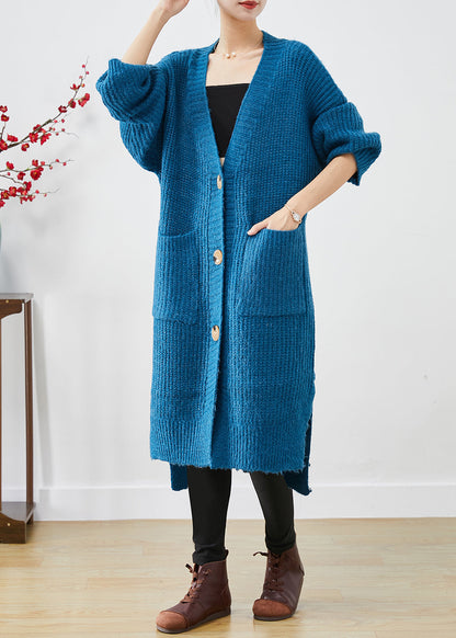 Blue Thick Knit Loose Coat Oversized Pockets Fall