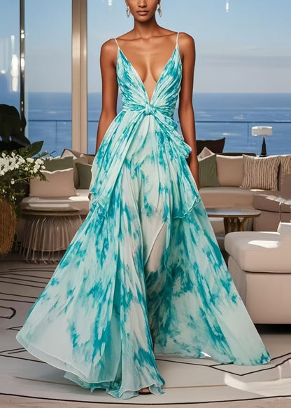 Blue Tie Dye Chiffon Cami Dresses Exra Large Hem Summer