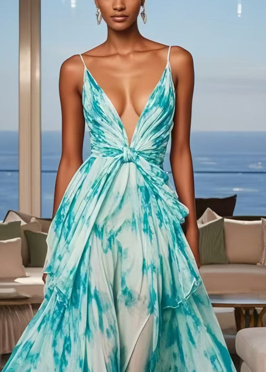 Blue Tie Dye Chiffon Cami Dresses Exra Large Hem Summer