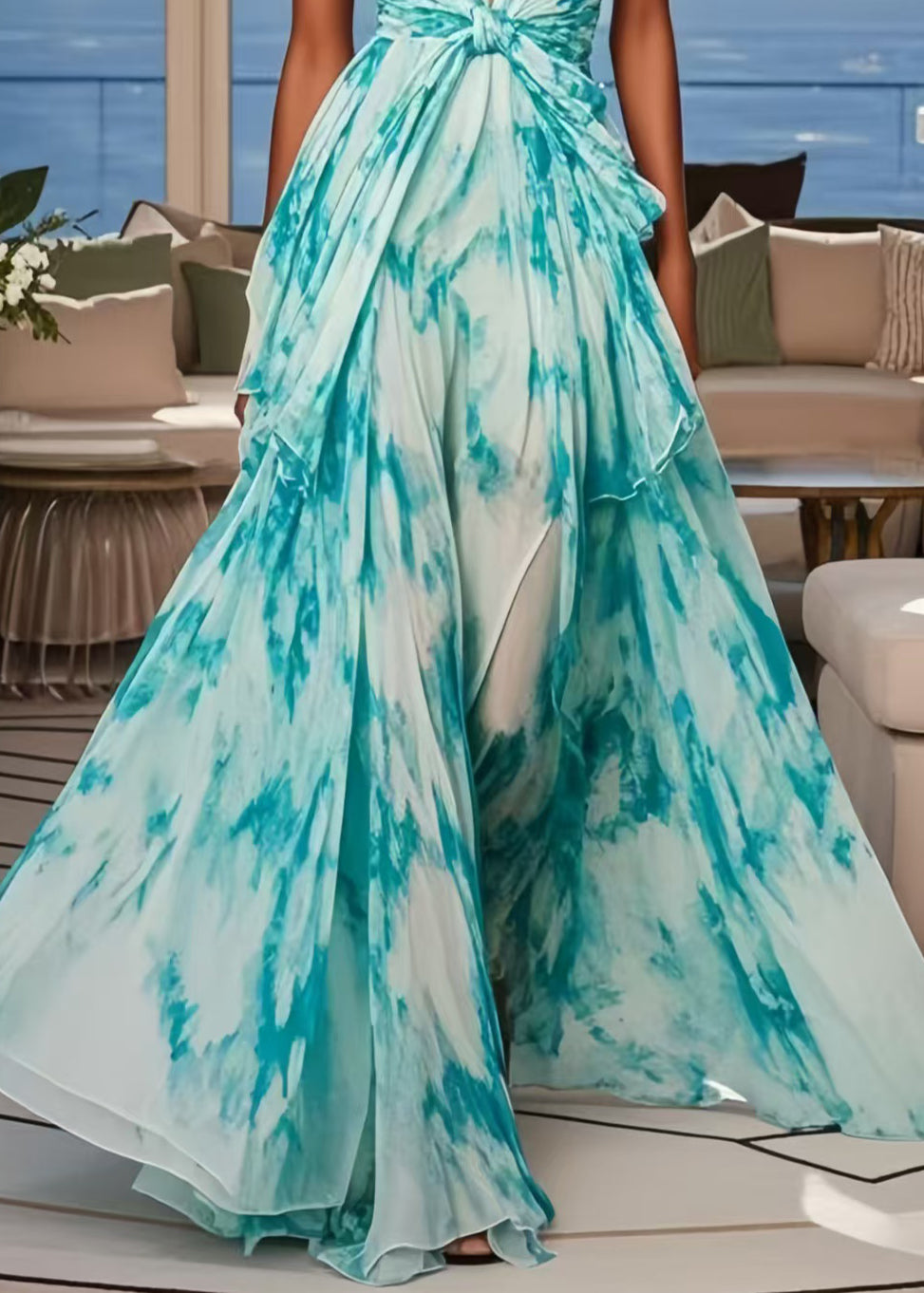 Blue Tie Dye Chiffon Cami Dresses Exra Large Hem Summer