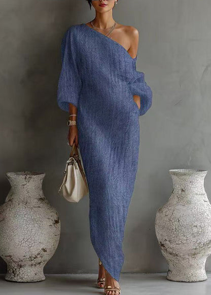 Blue Vacation Dresses One Shoulder Long Sleeve