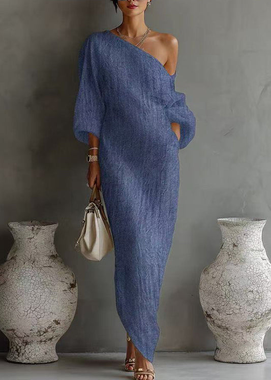 Blue Vacation Dresses One Shoulder Long Sleeve