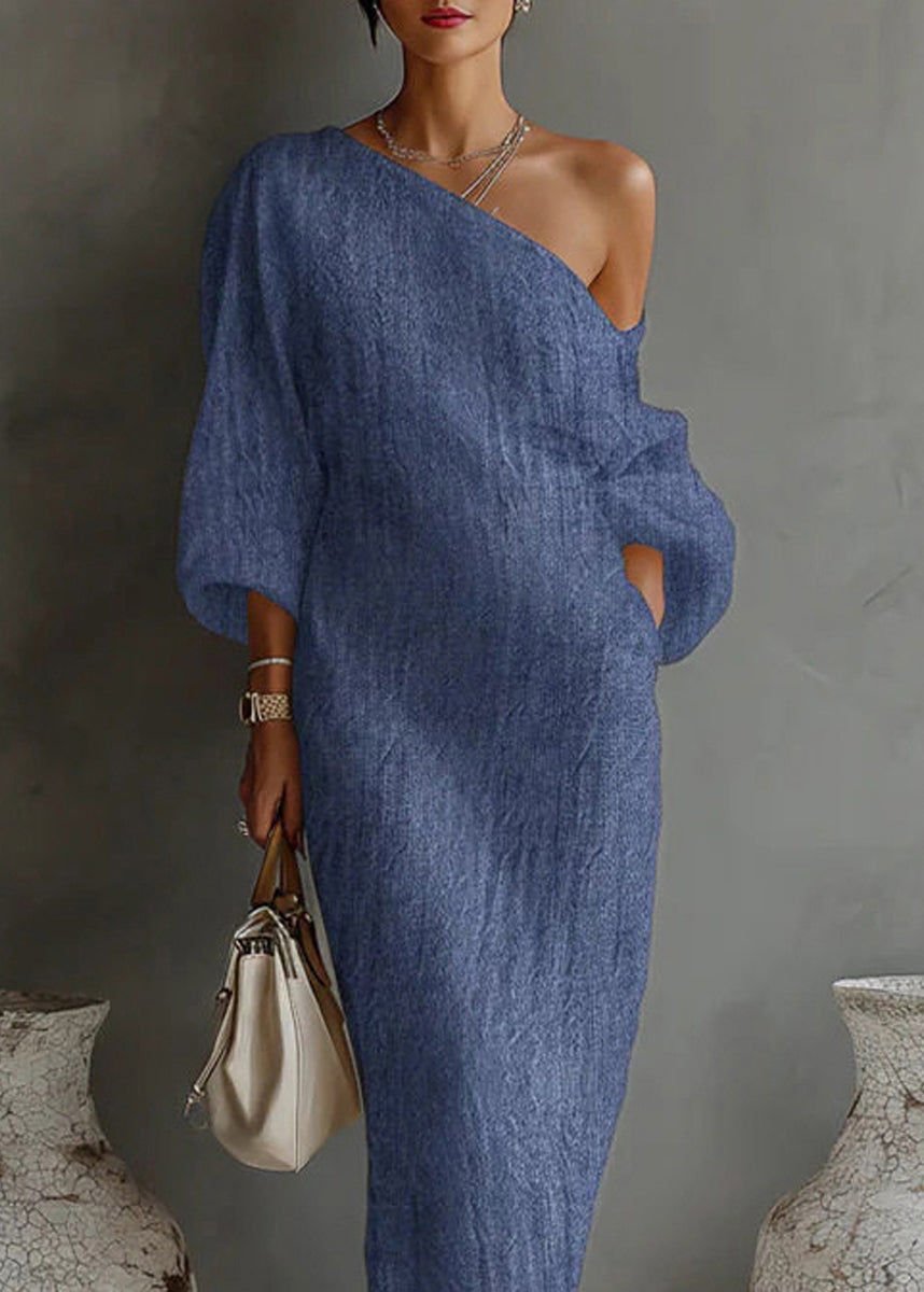 Blue Vacation Dresses One Shoulder Long Sleeve