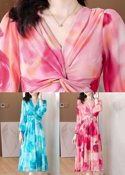 Blue Wrinkled Chiffon Long Dresses V Neck Long Sleeve