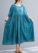 Load image into Gallery viewer, Blue Wrinkled Cotton Long Dress O Neck Half Sleeve