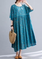 Blue Wrinkled Cotton Long Dress O Neck Half Sleeve