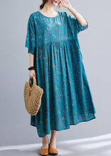 Load image into Gallery viewer, Blue Wrinkled Cotton Long Dress O Neck Half Sleeve