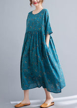 Load image into Gallery viewer, Blue Wrinkled Cotton Long Dress O Neck Half Sleeve