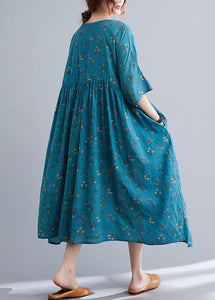 Blue Wrinkled Cotton Long Dress O Neck Half Sleeve