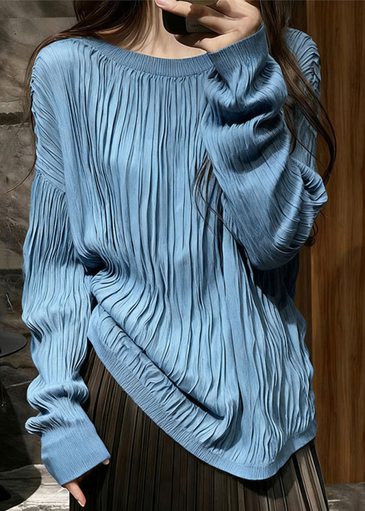 Blue Wrinkled Cozy Cotton T Shirt Top O Neck Long Sleeve