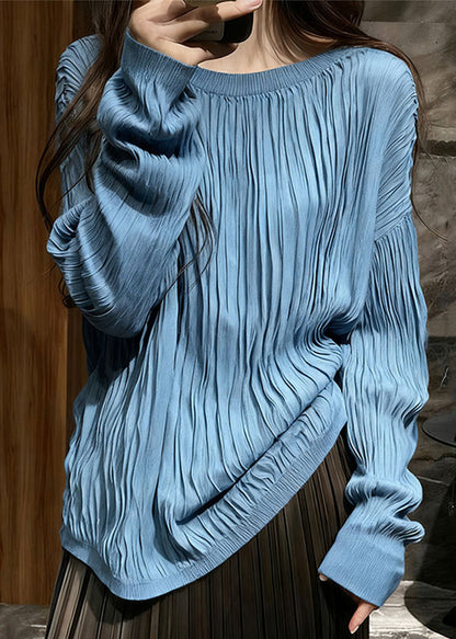 Blue Wrinkled Cozy Cotton T Shirt Top O Neck Long Sleeve