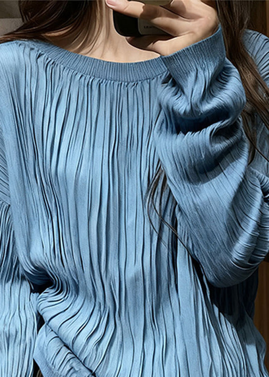 Blue Wrinkled Cozy Cotton T Shirt Top O Neck Long Sleeve