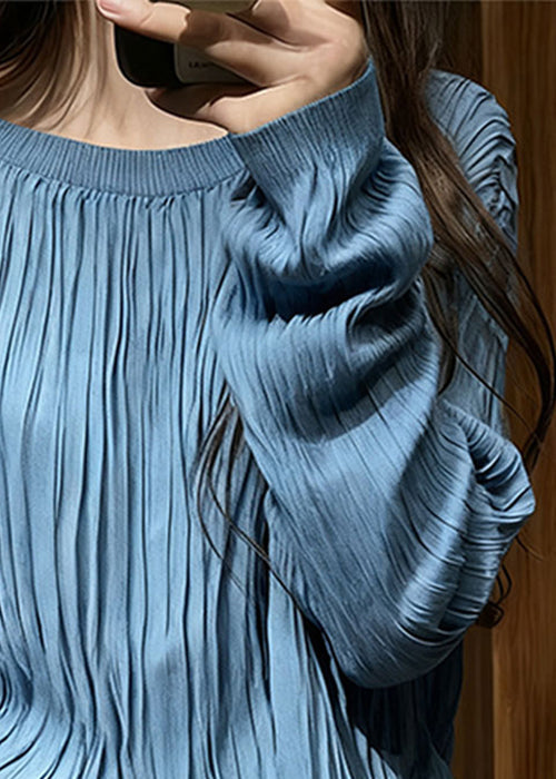 Blue Wrinkled Cozy Cotton T Shirt Top O Neck Long Sleeve
