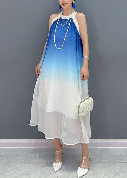 Blue Wrinkled Patchwork Chiffon Long Dresses Summer