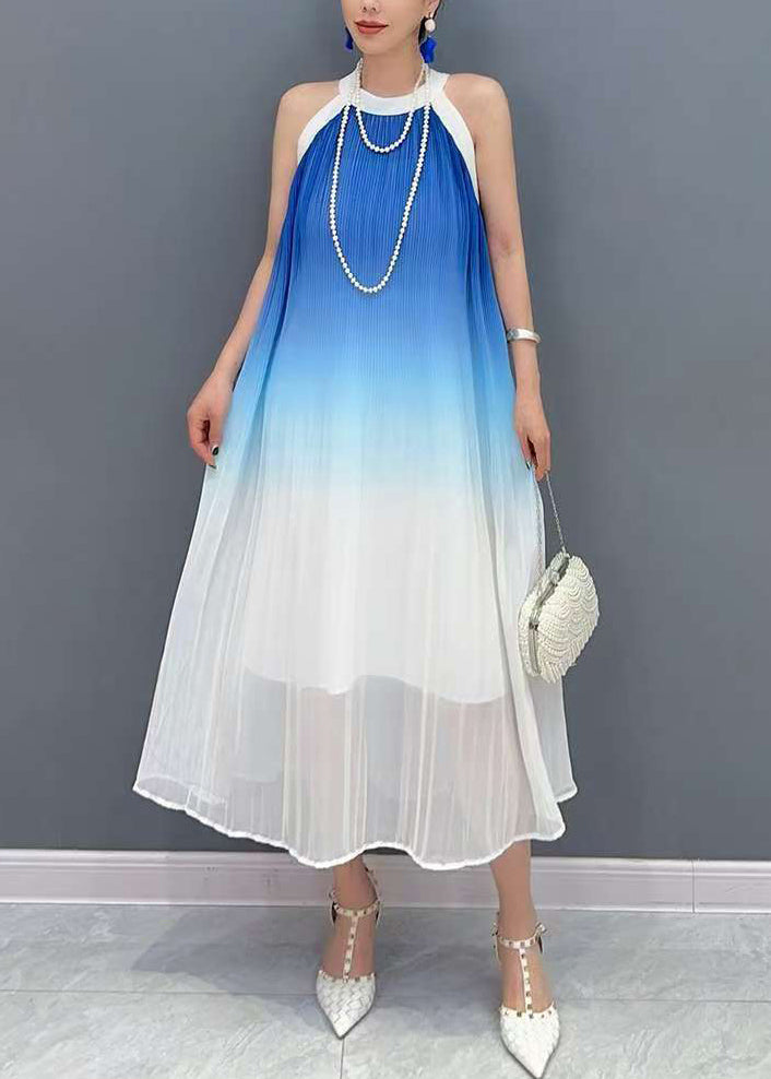Blue Wrinkled Patchwork Chiffon Long Dresses Summer