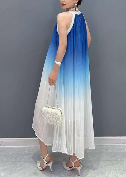 Blue Wrinkled Patchwork Chiffon Long Dresses Summer