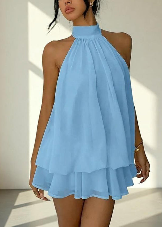 Blue Wrinkled Patchwork Chiffon Mid Dress Summer