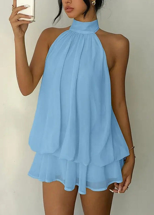 Blue Wrinkled Patchwork Chiffon Mid Dress Summer