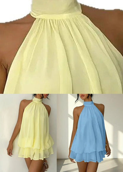 Blue Wrinkled Patchwork Chiffon Mid Dress Summer