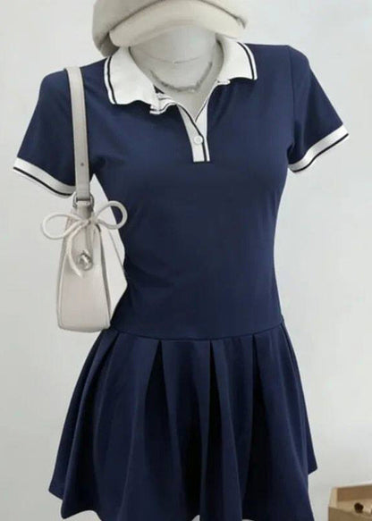 Blue Wrinkled Patchwork Mid Dress Summer