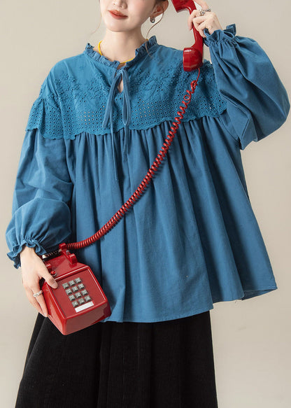 Blue Wrinkled Tie Lace Solid Shirt Fall