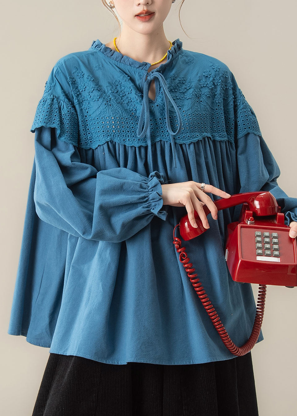Blue Wrinkled Tie Lace Solid Shirt Fall