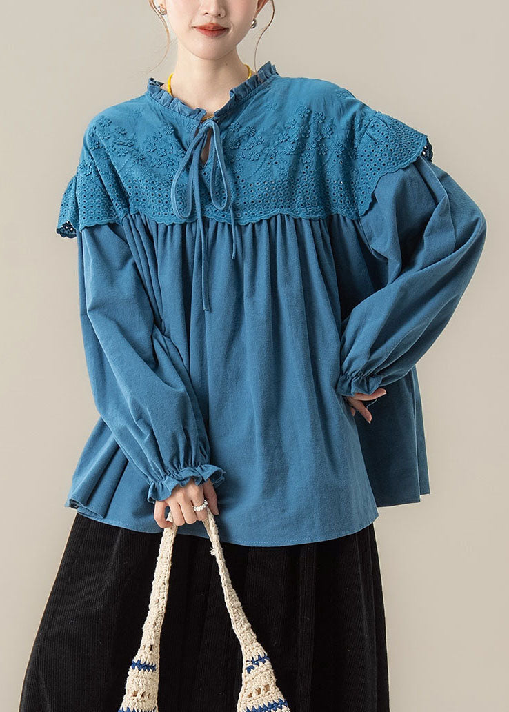 Blue Wrinkled Tie Lace Solid Shirt Fall