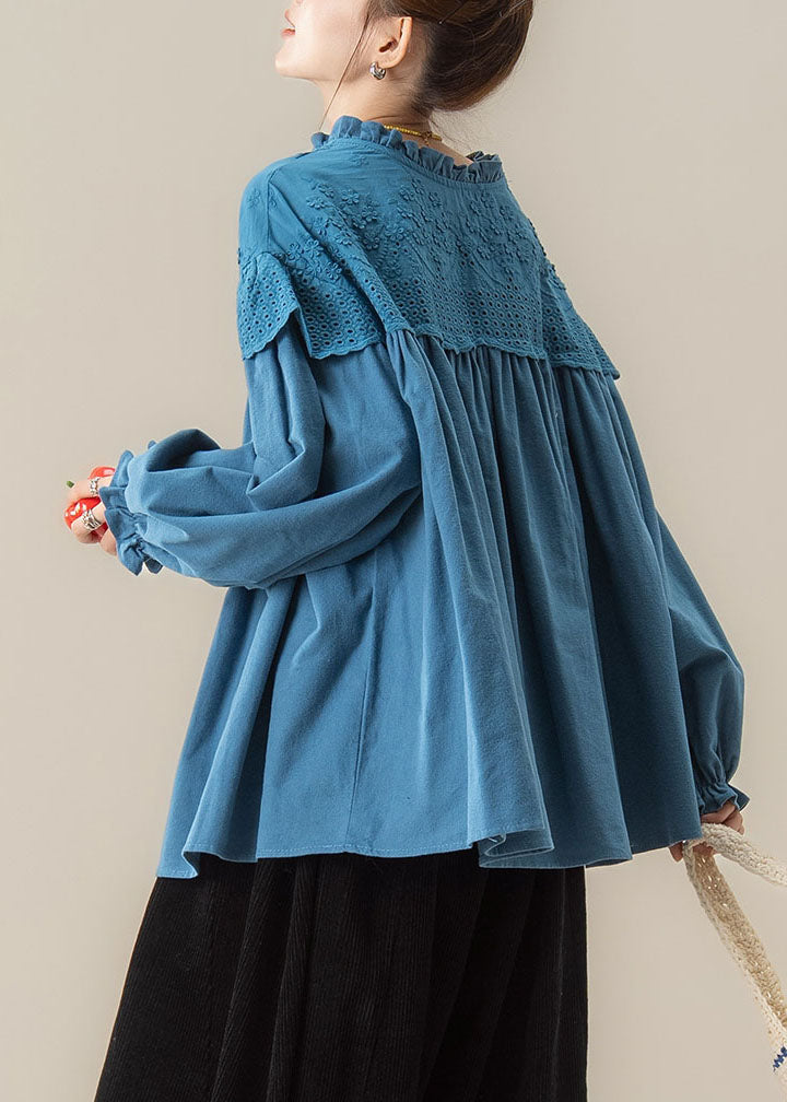Blue Wrinkled Tie Lace Solid Shirt Fall