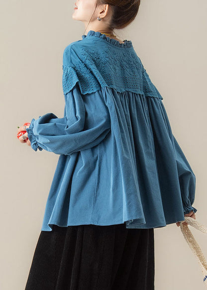 Blue Wrinkled Tie Lace Solid Shirt Fall