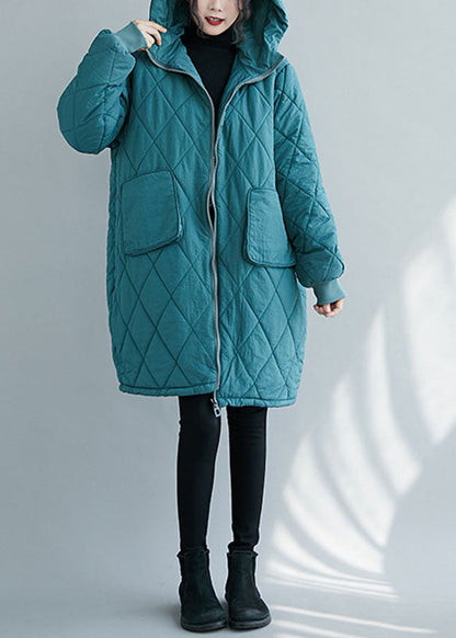 Blue Zippered Pockets Thick Hooded Parka Winter