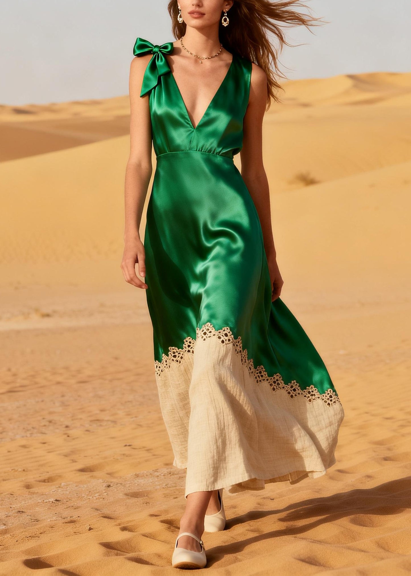 Bobo Green V Neck Patchwork Linen Silk Ankle Dress Summer