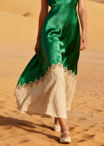 Bobo Green V Neck Patchwork Linen Silk Ankle Dress Summer