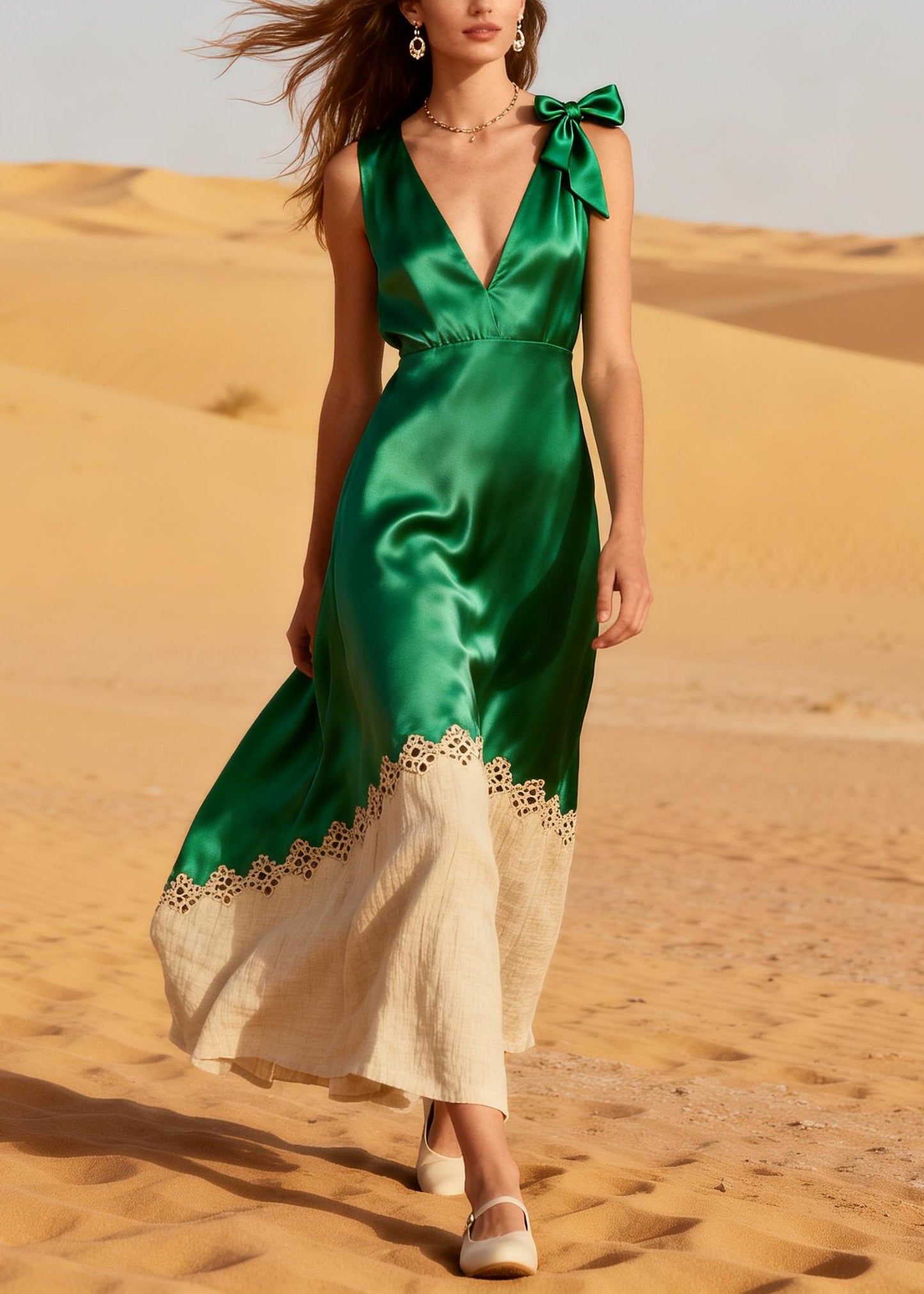 Bobo Green V Neck Patchwork Linen Silk Ankle Dress Summer