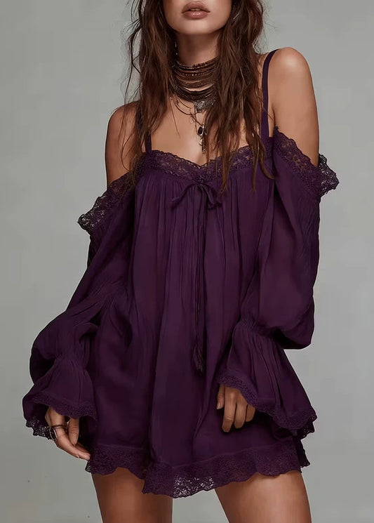 Bohemian Apricot Cold Shoulder Patchwork Lace Mini Dress Long sleeve