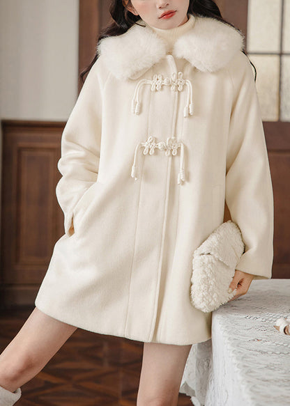 Bohemian Apricot Fur Collar Chinese Button Woolen Trench Winter