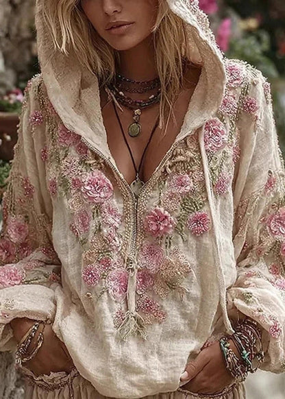 Bohemian Apricot Hooded Print Cotton Sweatshirt Spring