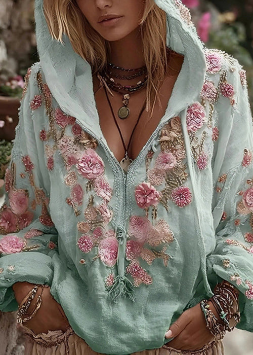 Bohemian Apricot Hooded Print Cotton Sweatshirt Spring